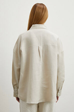 Robalı Cepli Keten Gömlek Taş