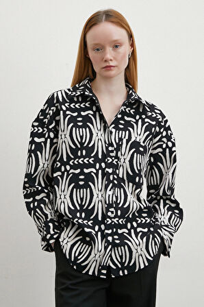 Krep Kontrast Desenli Gömlek Siyah