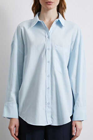 Keten Karışımlı Oversize Gömlek Mavi