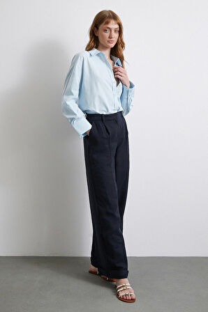 Keten Karışımlı Oversize Gömlek Mavi