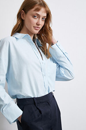 Keten Karışımlı Oversize Gömlek Mavi