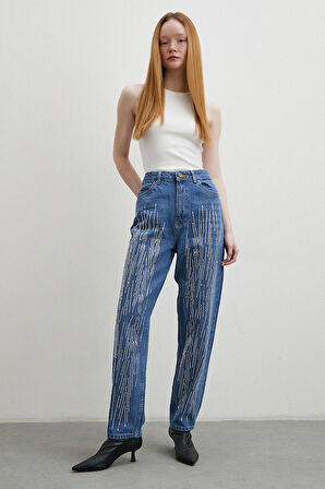 Taş İşlemeli Mom Jean Mavi