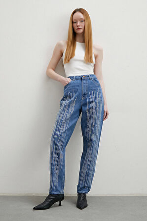 Taş İşlemeli Mom Jean Mavi