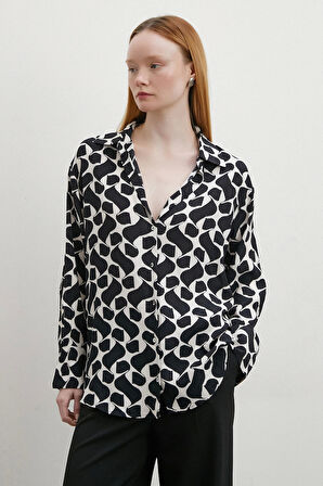 Kontrast Desenli Maroken Viskon Gömlek Siyah