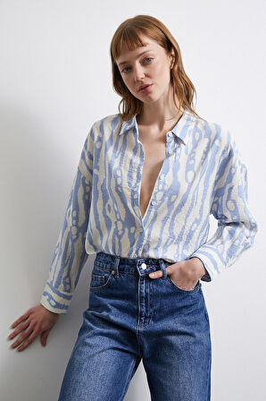 Zebra Desen Modal Gömlek Mavi