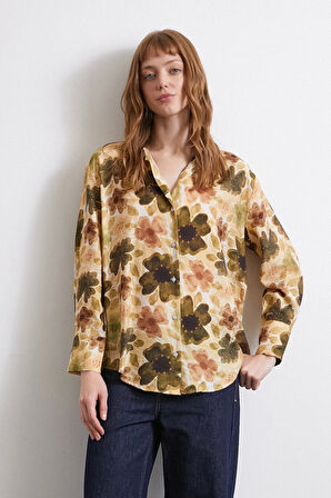 Çiçekli Vual Gömlek Haki