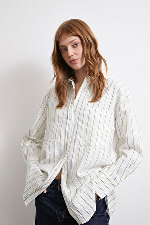 Çizgili Cepli Gömlek Haki