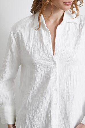 Geniş Manşetli Çizgili Gömlek Beyaz