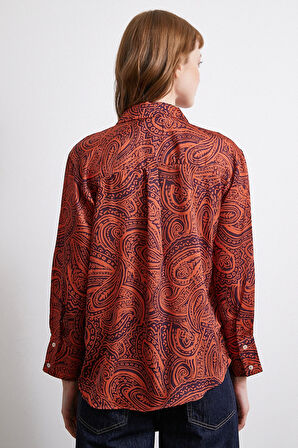 Desenli Gofret Saten Gömlek Turuncu