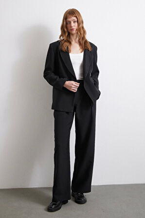 Bel Detaylı Wide Leg Pantolon Siyah