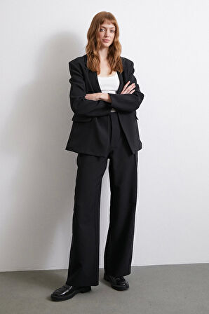 Bel Detaylı Wide Leg Pantolon Siyah