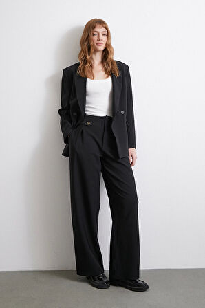 Bel Detaylı Wide Leg Pantolon Siyah
