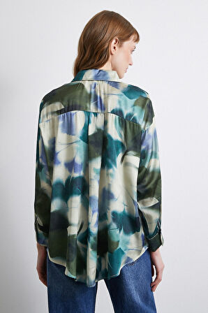 Batik Desen Saten Gömlek Petrol