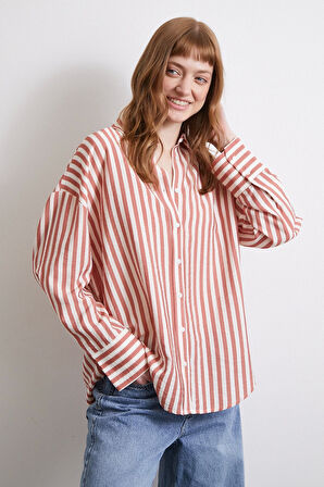 Çizgili T Kol Gömlek Kiremit