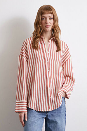 Çizgili T Kol Gömlek Kiremit