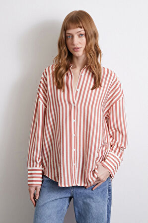 Çizgili T Kol Gömlek Kiremit