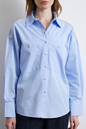 Omuzda Boncuk Detaylı  Oversize Gömlek Mavi
