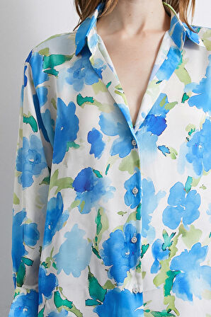 Çok Renkli Çiçek Desenli Gömlek Lacivert