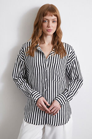 Multi Çizgili Cepli Gömlek Siyah