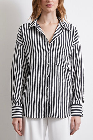 Multi Çizgili Cepli Gömlek Siyah