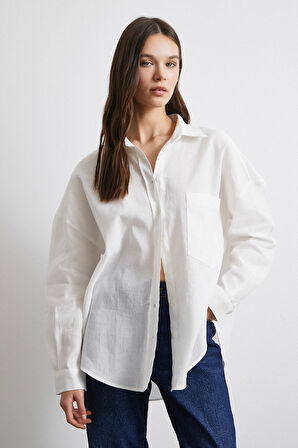Cepli Oversize Keten Gömlek Ekru