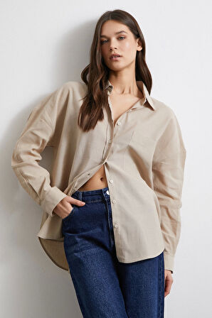 Cepli Oversize Keten Gömlek Bej