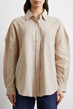 Cepli Oversize Keten Gömlek Bej