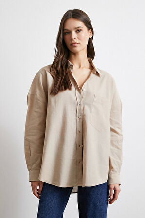 Cepli Oversize Keten Gömlek Bej