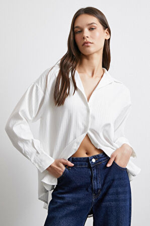 Diagonal Desen Gömlek Beyaz