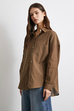Cepli Oversize Keten Gömlek Kahve