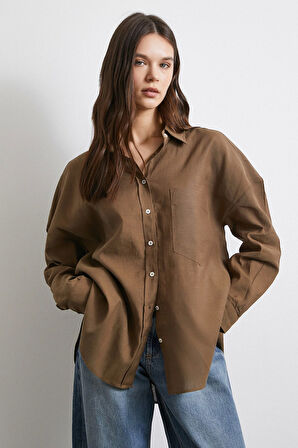 Cepli Oversize Keten Gömlek Kahve