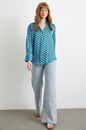 Geometrik Desenli Saten Gömlek Mavi