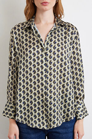 Geometrik Desenli Saten Gömlek Haki