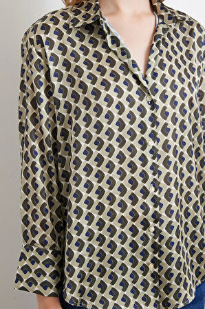 Geometrik Desenli Saten Gömlek Haki