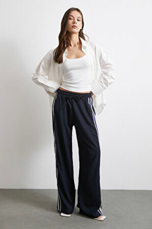 Beli Lastikli Çift Şeritli Pantolon Lacivert