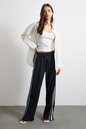 Beli Lastikli Çift Şeritli Pantolon Lacivert