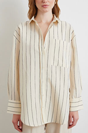 Kontrast Çizgili Modal Gömlek Siyah