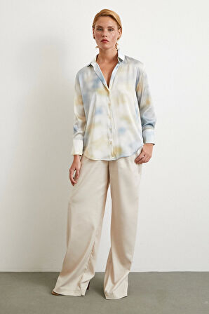 Ebruli Desen Saten GömleK Buz Mavisi