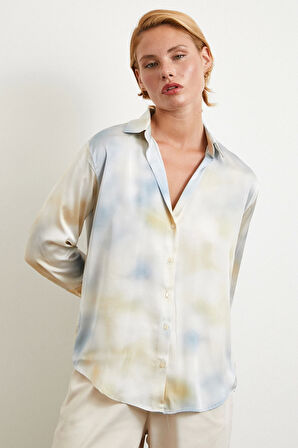 Ebruli Desen Saten GömleK Buz Mavisi