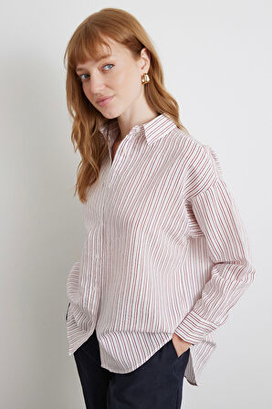 Simetrik Çizgili Gömlek Bordo