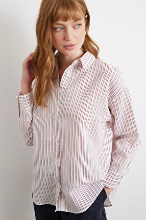 Simetrik Çizgili Gömlek Bordo