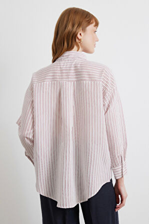 Simetrik Çizgili Gömlek Bordo