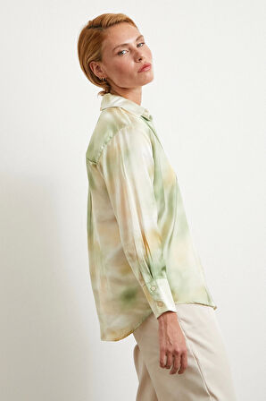 Ebruli Desen Saten GömleK Yeşil