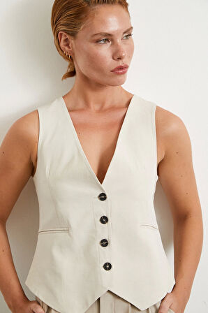 Cep Kapaklı Keten Yelek Krem