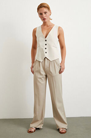 Cep Kapaklı Keten Yelek Krem