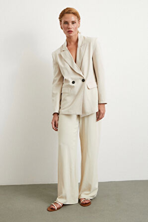 Çift Düğmeli Keten Blazer Ceket Krem