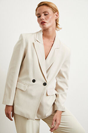 Çift Düğmeli Keten Blazer Ceket Krem