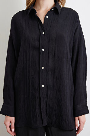 Dantel Detaylı Transparan Pamuklu Gömlek Siyah