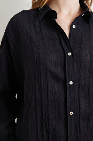 Dantel Detaylı Transparan Pamuklu Gömlek Siyah