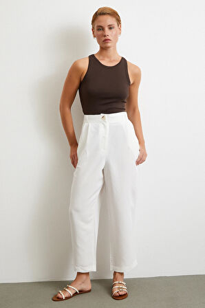 Çift Pileli Keten Pantolon Krem